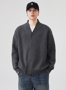 OCW潮牌简约V领开衫毛衣男2026秋冬新款宽松针织衫外套灰色高级感