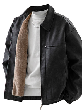 OCW潮牌 美式加绒夹克PU皮衣男2026秋冬新款学生加厚保暖翻领外套