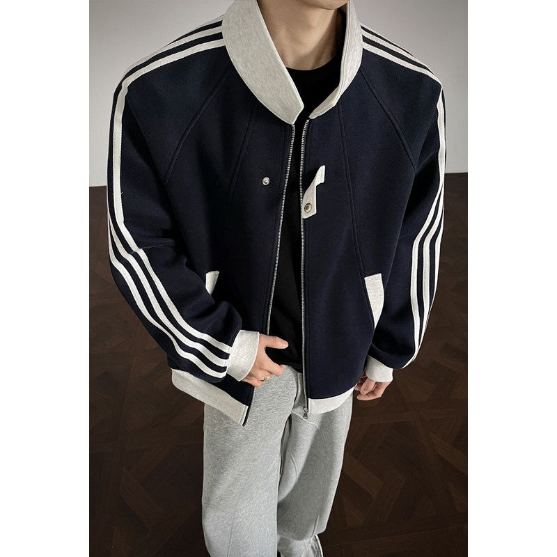 OCW潮牌 美式复古条纹拼接立领卫衣男2026春秋新款宽松重磅外套潮