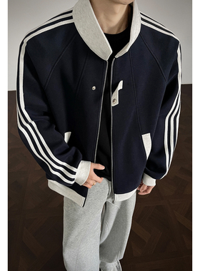 OCW潮牌 美式复古条纹拼接立领卫衣男2026春秋新款宽松重磅外套潮