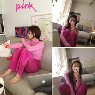 套装 玫红色灯芯绒阔腿裤 ins复古粉嫩浅粉色高领打底衫 韩国秋冬季