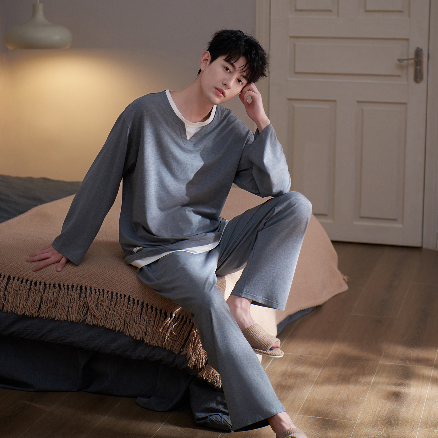 思莉太太假两件男士休闲家居服