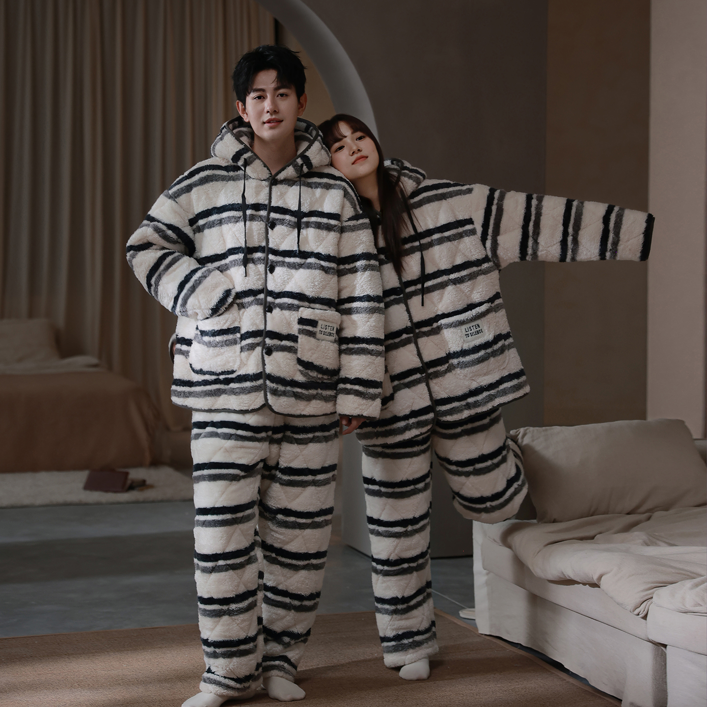 思莉太太情侣超厚夹棉棉袄家居服