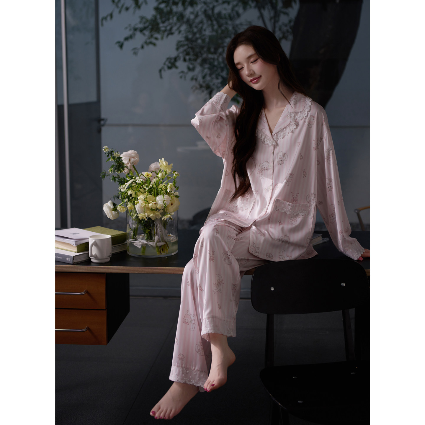 思莉太太冰丝睡衣女款长袖蕾丝猫咪巨好看独特绝美春夏天家居服