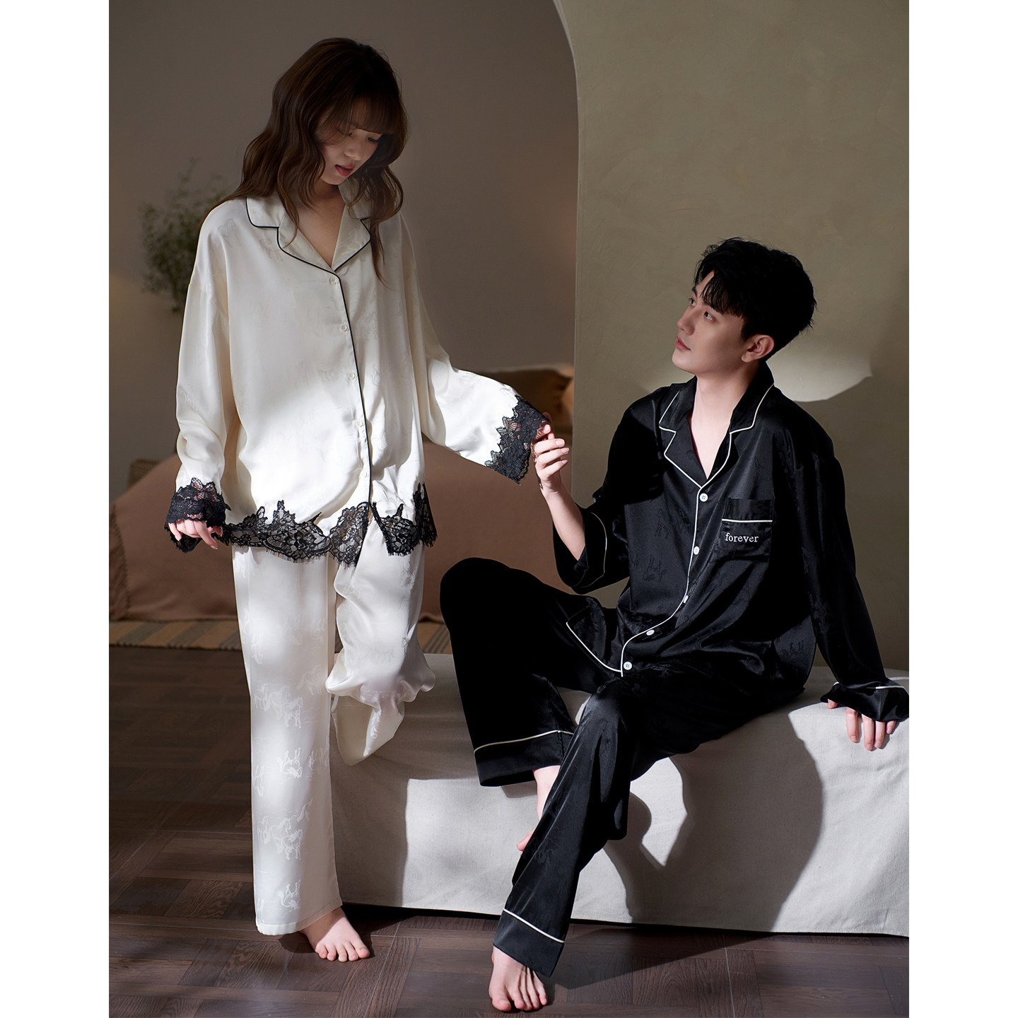 思莉太太情侣睡衣女款长袖冰丝春夏天新中式国风男士轻奢家居服