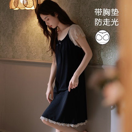 思莉太太莫代尔棉睡裙女款夏天性感带胸垫吊带无袖黑色纯欲风睡衣
