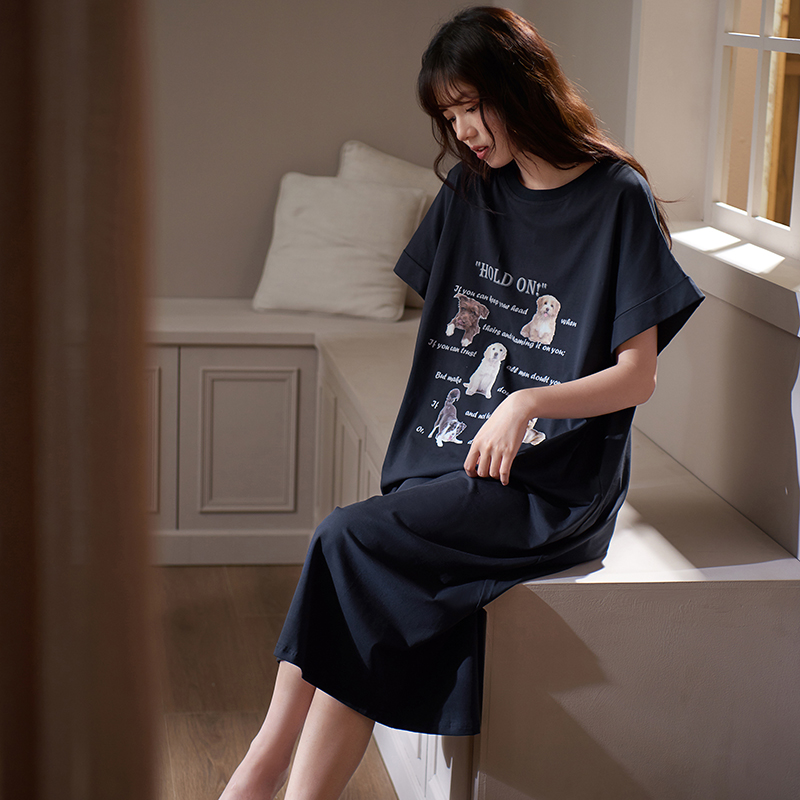 思莉太太狗狗印花宽松纯棉睡裙