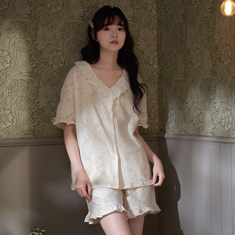 思莉太太纯棉睡衣女款夏季2025新款短袖圆领开衫复古花边家居服