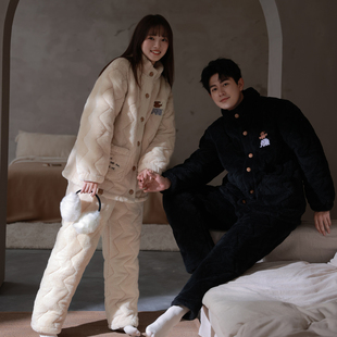 思莉太太情侣冬季睡衣女珊瑚绒三层夹棉超厚可外穿男士冬天家居服