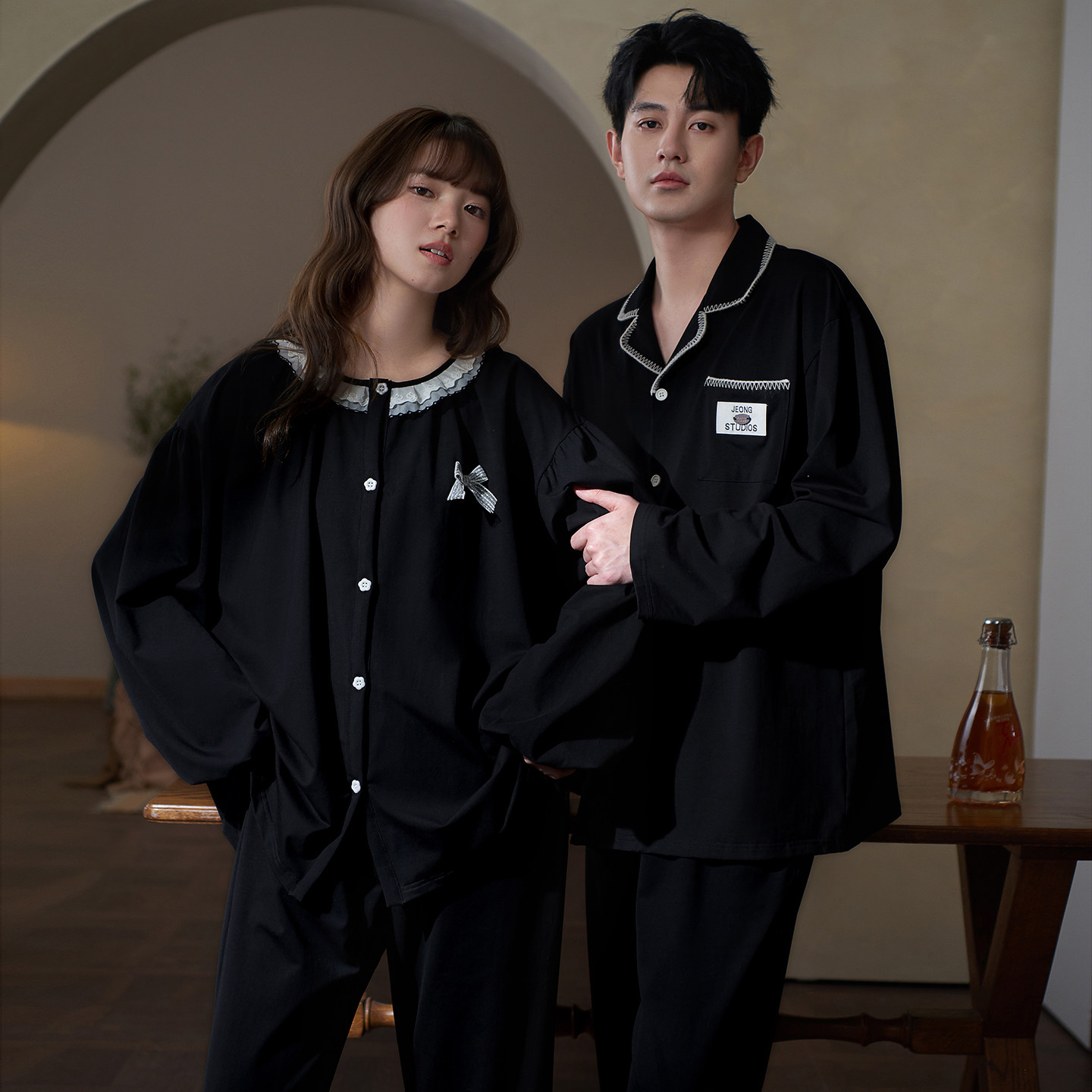 思莉太太情侣睡衣2026新款女款纯棉长袖黑色男士学生高级感家居服