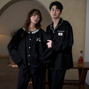 思莉太太情侣睡衣2026新款女款纯棉长袖黑色男士学生高级感家居服