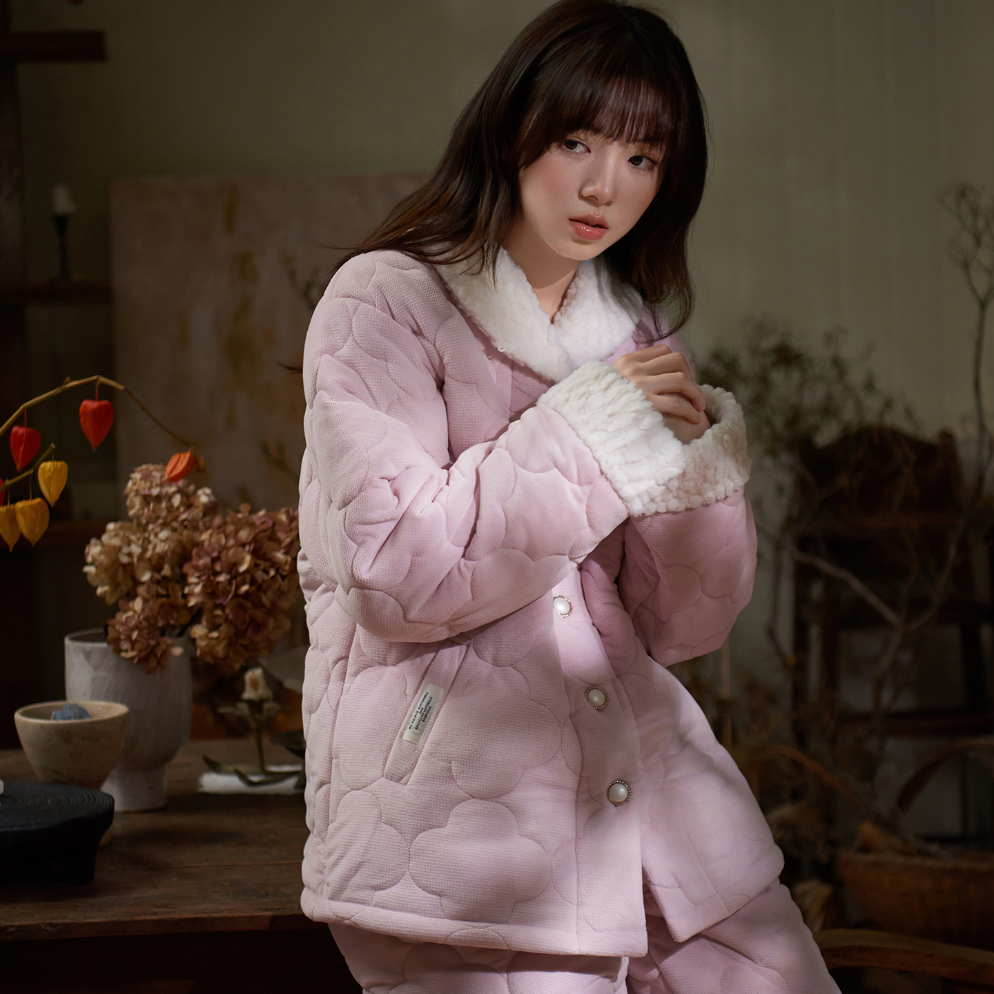 思莉太太珊瑚绒三层夹棉棉袄睡衣