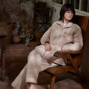 思莉太太冬季睡衣女款珊瑚绒加厚三层夹棉可外穿棉袄外套家居服