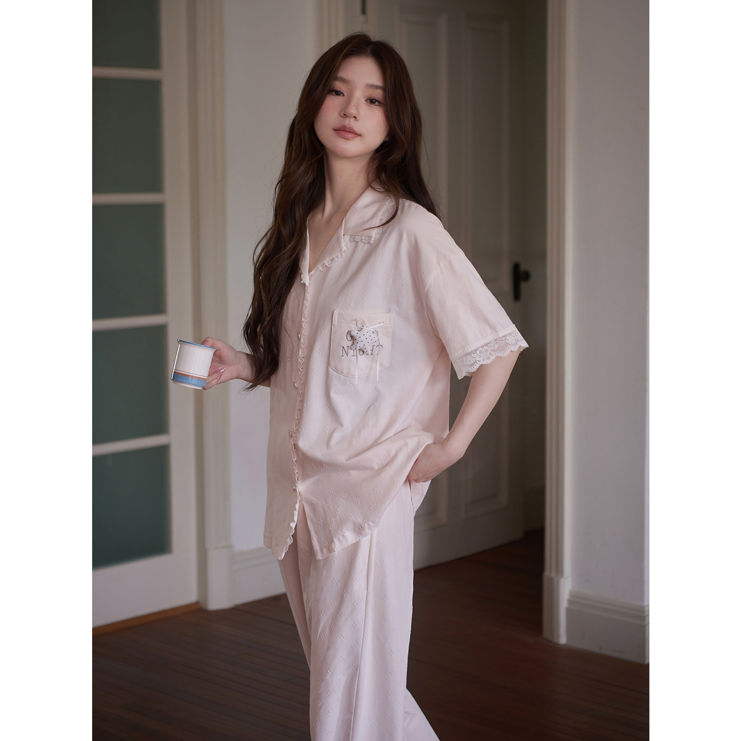 思莉太太纯棉睡衣女款夏季短袖长裤粉色甜美蕾丝独特绝美家居服
