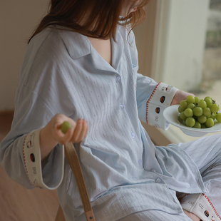 思莉太太纯棉睡衣女款2026新款韩系艺术生长袖春秋款蓝色家居服