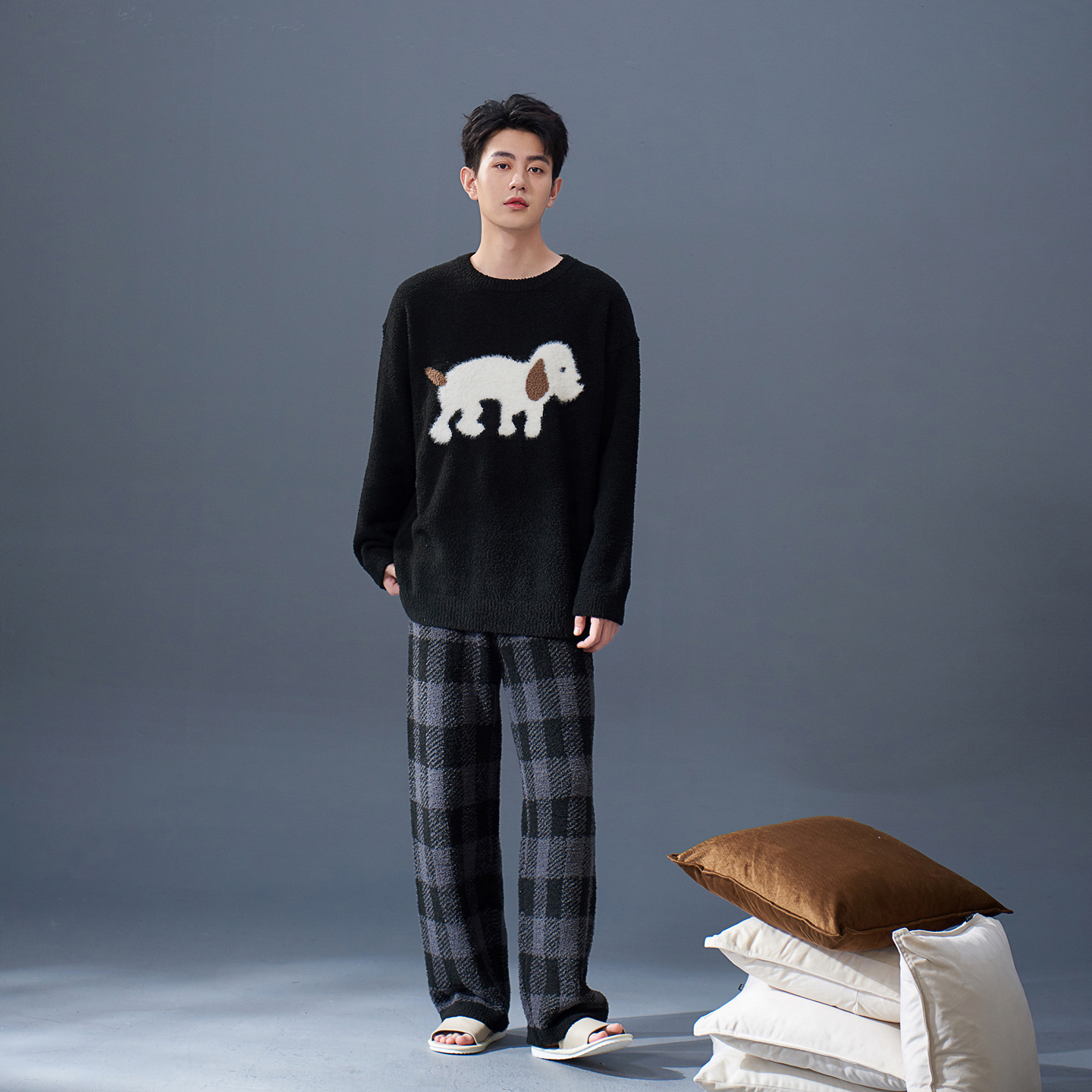 思莉太太男士睡衣冬半边绒