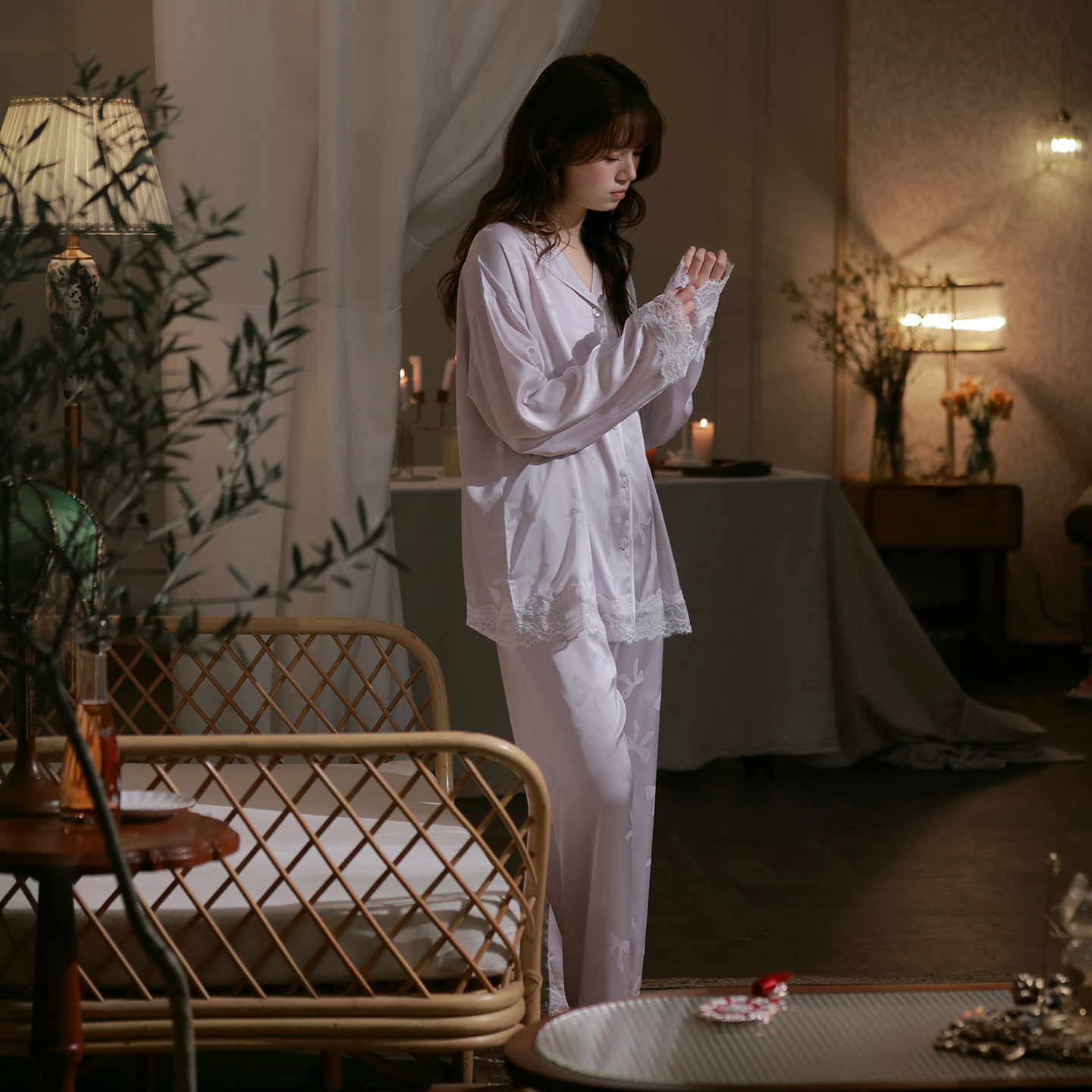 思莉太太高级感冰丝睡衣女款春夏季长袖法式蕾丝紫色巨好看家居服