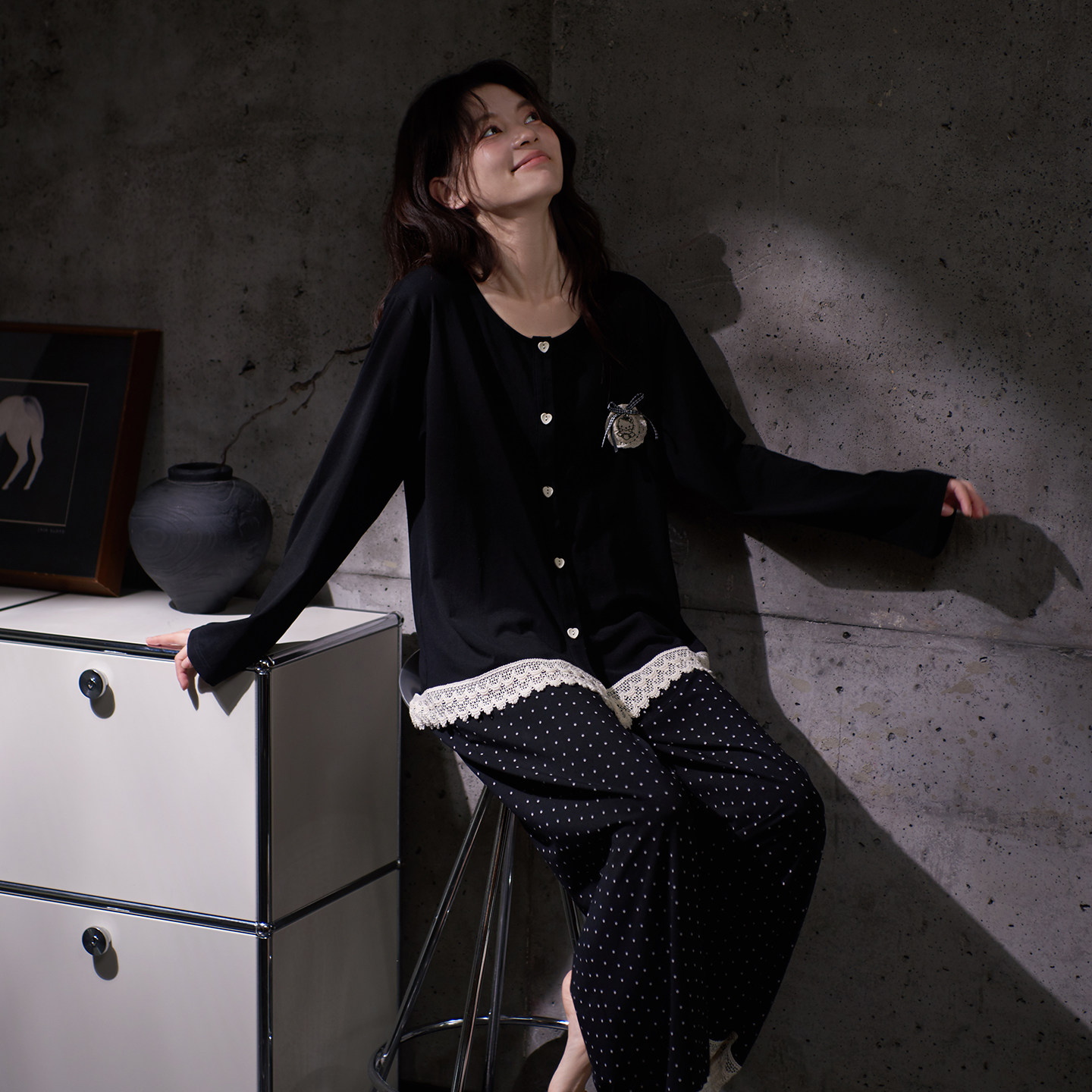 思莉太太莫代尔睡衣女款长袖开衫黑色显瘦小个子简单春夏天家居服