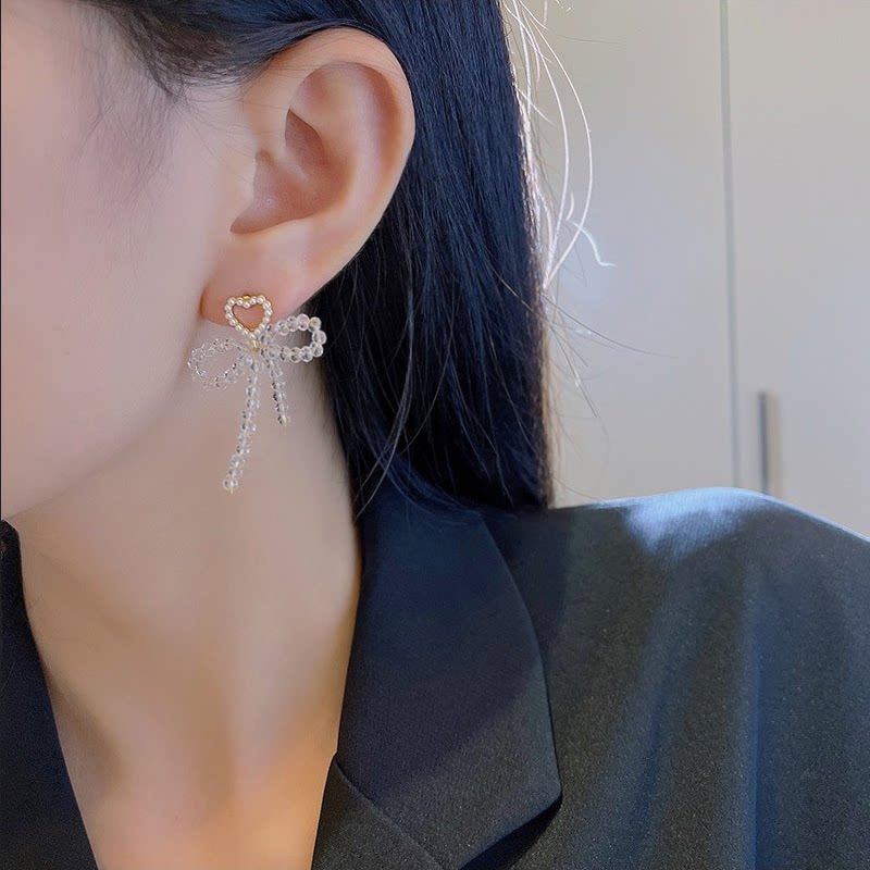 纯银针女珍珠爱心蝴蝶结耳环耳饰