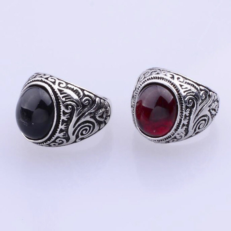 欧美爆款男女情侣复古宝石戒指男士黑色红色手指个性合金配饰品女