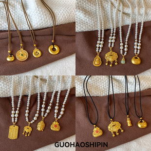 强保色沙金葫芦福牌仿珍珠项链新中式时尚气质毛衣链百搭锁骨链女