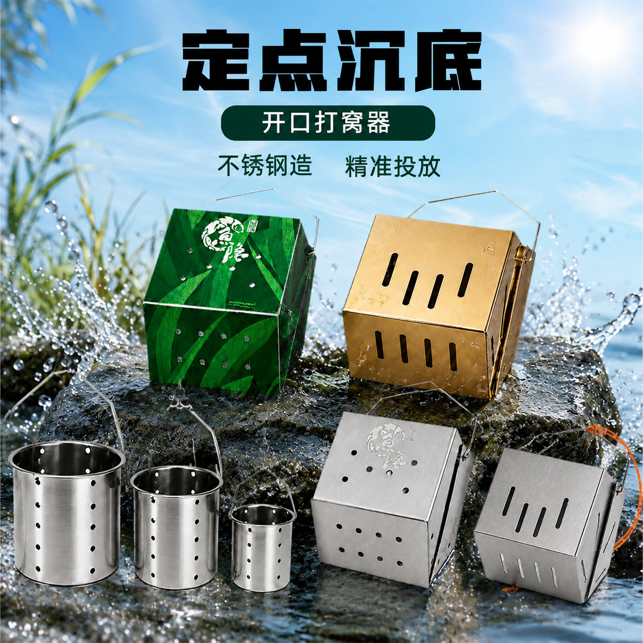鱼隐不锈钢沉底定点自动反转酒米小号精准开口打窝器手竿打窝神器