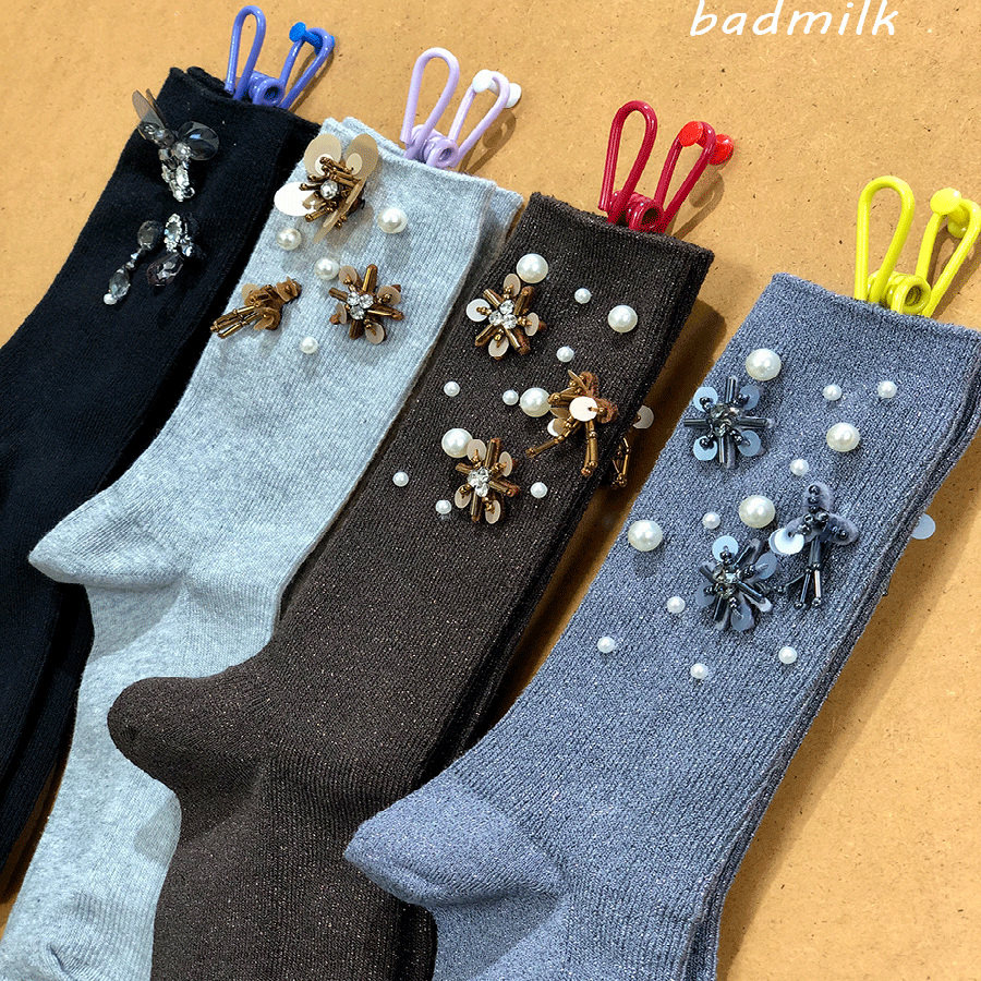 badmilk春季手工钉珠亮片中筒袜