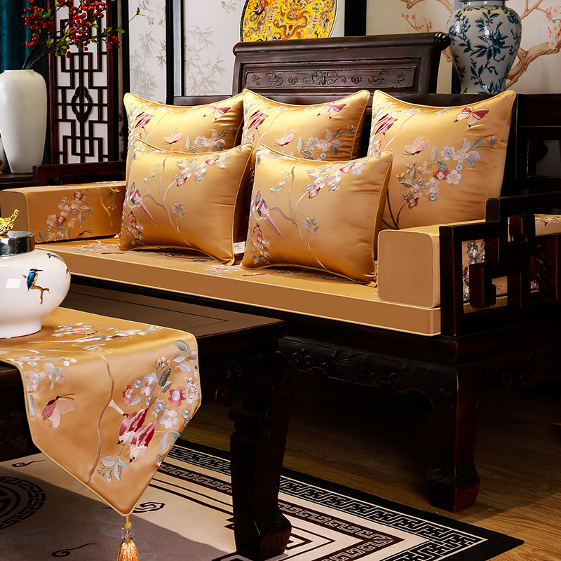 红木沙发坐垫五件套罗汉床垫高档简约绸缎刺绣海棉垫客厅家用座垫
