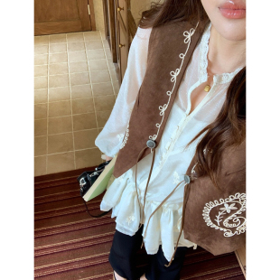 fifth 博主风度假刺绣麂皮绒马甲上衣女叠穿民族风绑带背心短上衣