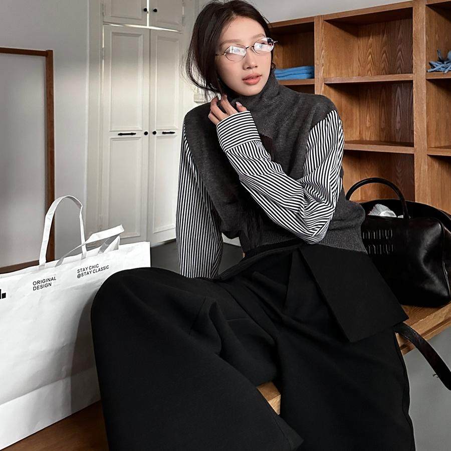 设计感衬衫袖拼接假两件针织衫