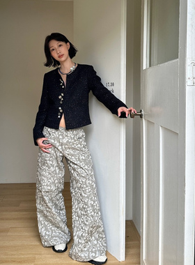 fifth 设计感复古提花直筒美式宽松工装裤ran私服花花低腰阔腿裤