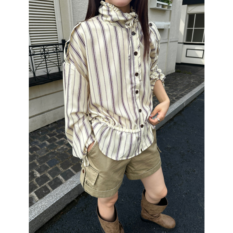 fifth 小众设计感斜门襟条纹衬衫上衣女秋季绑带收腰宽松长袖衬衣