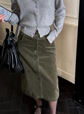 fifth 半身裙女2025春季新款ffu灯芯绒复古排扣法式H直筒中长裙子