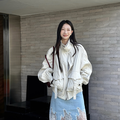 fifth风衣女春季新款ffu翻领短款机车夹克外套中长款百褶半裙套装