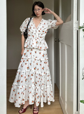 fifth 法式设计感泡泡袖衬衫木耳边半裙夏女ffu重工刺绣印花套装