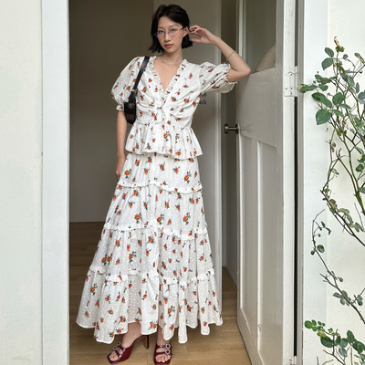 fifth 法式设计感泡泡袖衬衫木耳边半裙夏女ffu重工刺绣印花套装