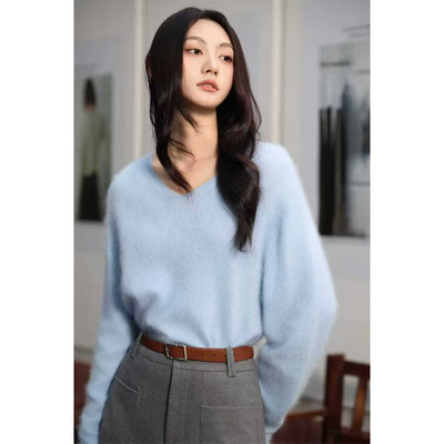 羊毛拉绒v领针织毛衣女