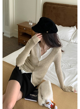 fifth 假两件撞色针织开衫女秋冬新款韩系修身短款羊毛针织打底衫