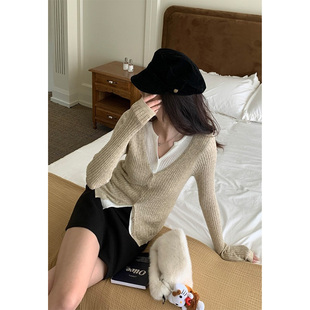 假两件撞色针织开衫 羊毛针织打底衫 女秋冬新款 短款 韩系修身 fifth