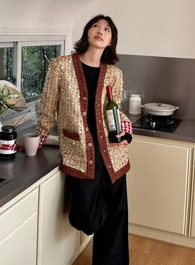 fifth小众设计拼接撞色小香风外套女ffu秋冬新款重工珠片新年上衣