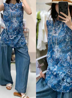 欧洲站25夏季V+.COM新设计师款小众新中式碎花花色苎麻衬衫上衣女