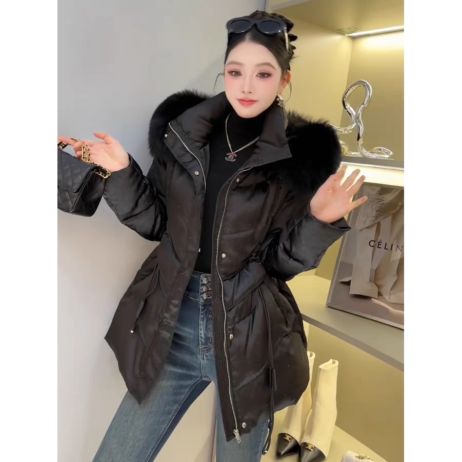 欧洲站冬季Dong.one轻奢高级感狐狸毛连帽满天星收腰中长款羽绒服