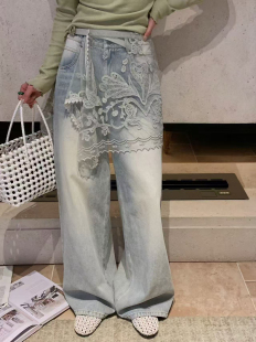 可拆卸蕾丝裙帘水洗做旧显瘦阔腿牛仔裤 .COM新款 女 欧洲站26春季
