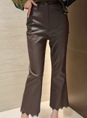 欧洲站25秋季V+.COM新款拼蕾丝高腰显瘦百搭微喇皮裤休闲九分裤女