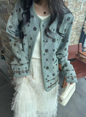 欧洲站25早春V+.com新中式国风立体花朵穿珠包边重工亮片宽松外套