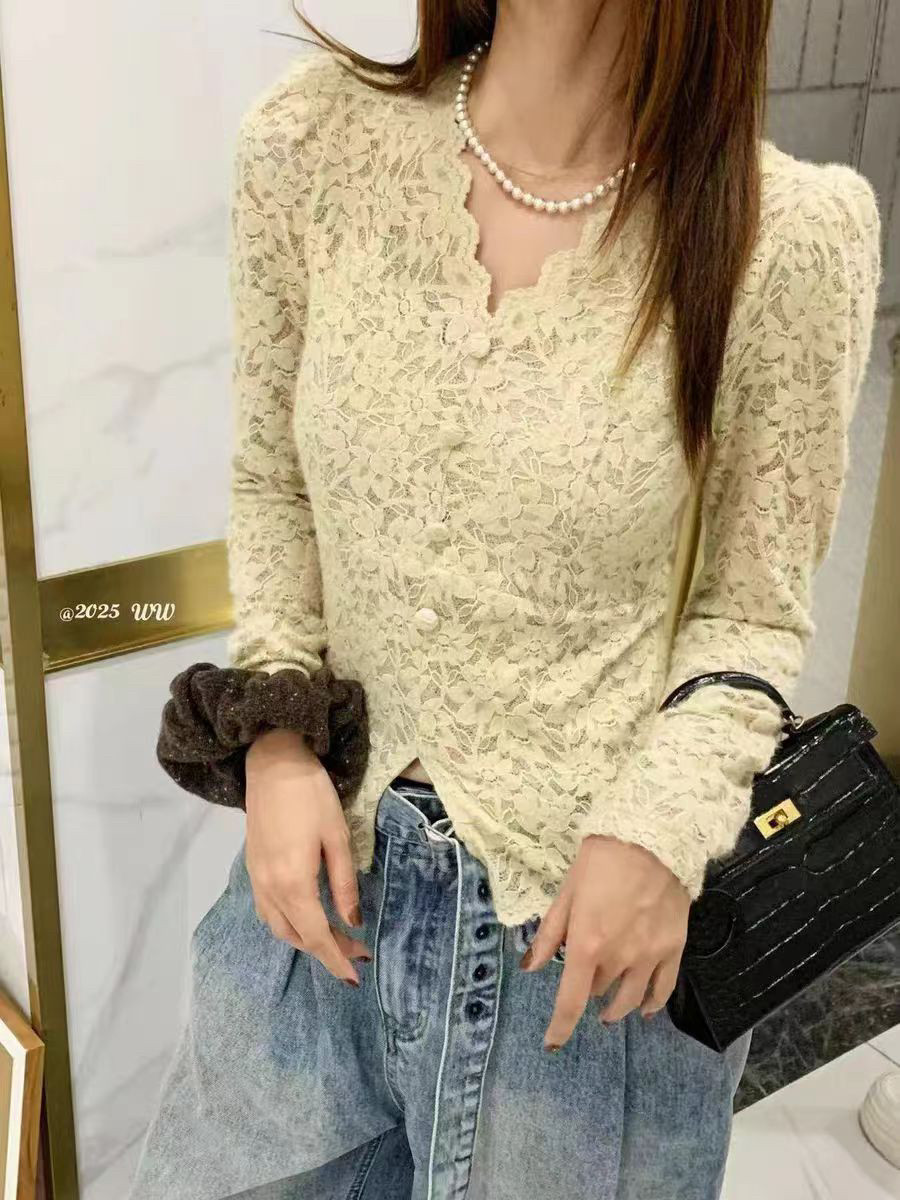 欧洲站25冬季V+.COM新时尚洋气v领单排扣蕾丝绣花净色打底上衣女,女装/女士精品,T恤,淘宝优惠券,粉丝福利购,淘宝优惠卷