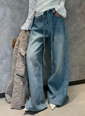 欧洲站25冬季V+.COM闪闪水钻高腰加绒保暖阔腿牛仔裤系带宽松长裤