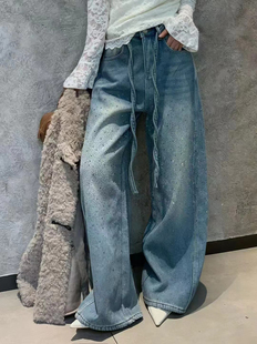 欧洲站25冬季V+.COM闪闪水钻高腰加绒保暖阔腿牛仔裤系带宽松长裤