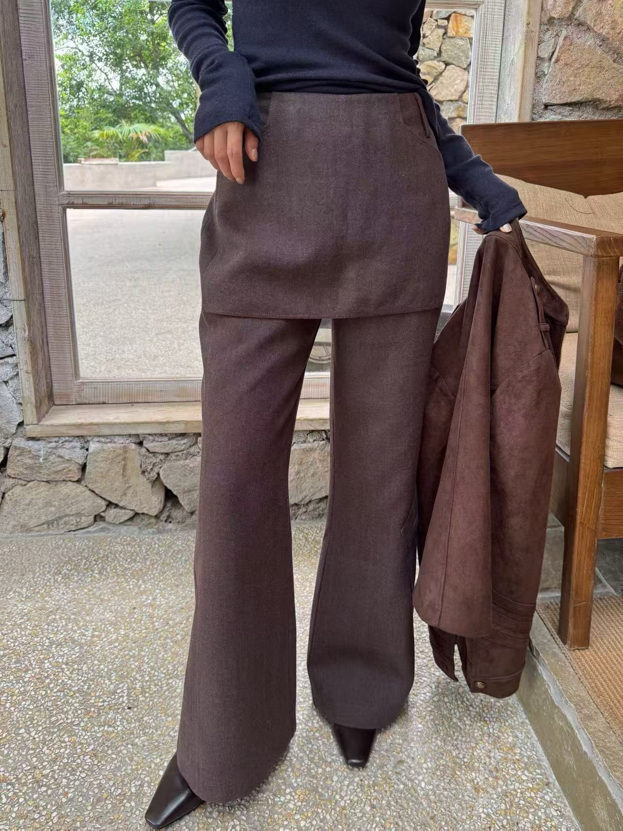 欧货2026秋冬V+.COM假两件裙式微喇西装裤女高腰显瘦拼接围裙长裤