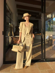 套装 欧洲站26早春V 蕾丝拼接背心阔腿裤 外套 四件套 .COM新V领西装